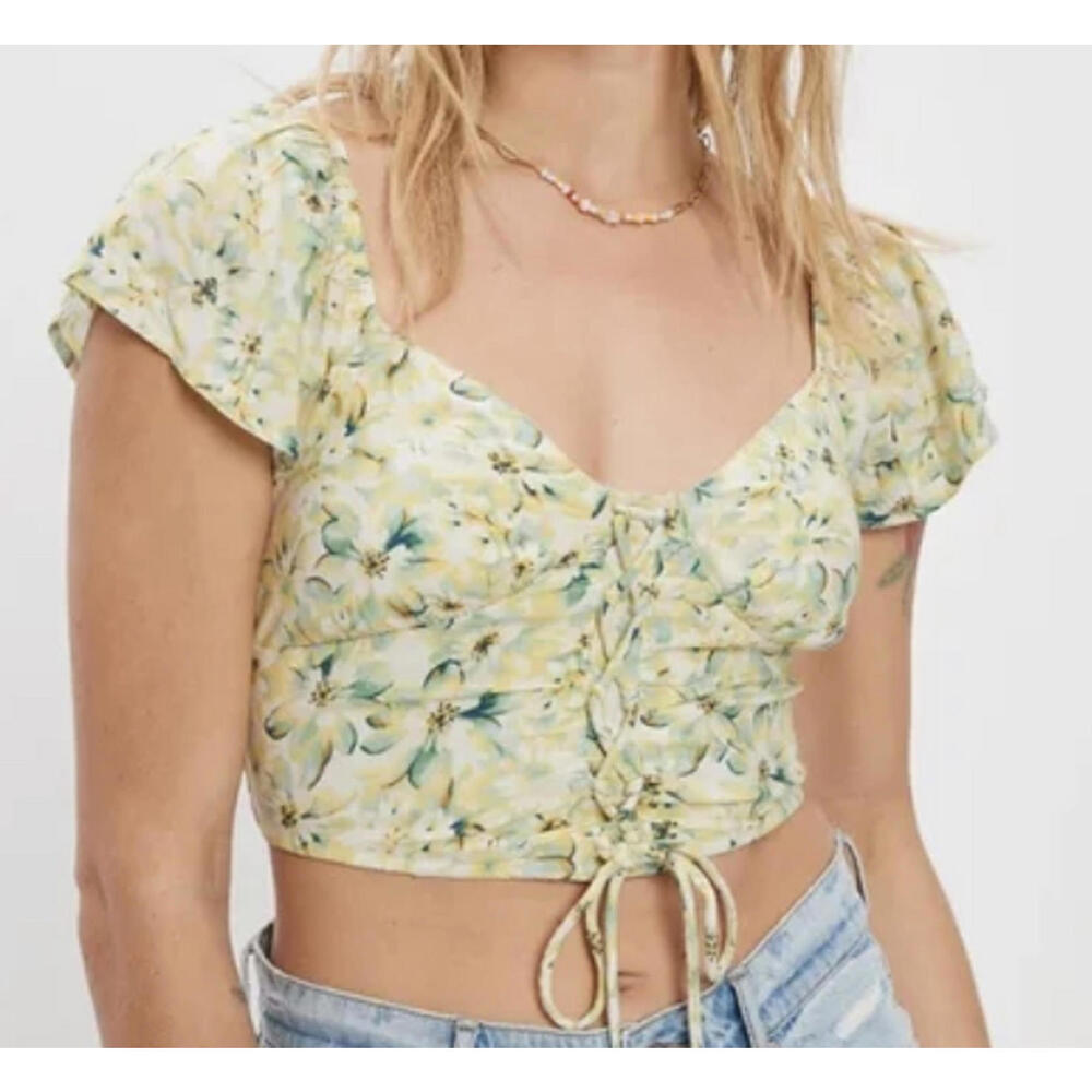 AMERICAN EAGLE green yellow white floral crop top sz XS